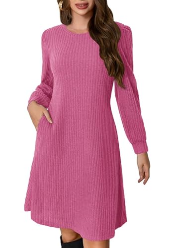 Ritiriko Womens Strickkleid mit Taschen Fall Tunika Kleider Crew Hals Langarm lässige Hochzeits Gastkleider Rosa M von Ritiriko