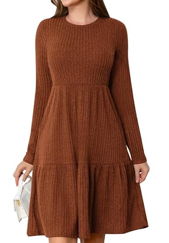 Ritiriko Womens Tunika Herbst Kleider für Damen Winter Crewneck Langarm Pulloverkleid Mit Tasche Lässig Knie Länge Karamell L von Ritiriko