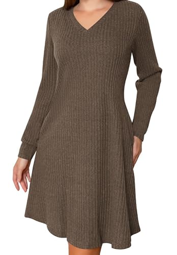 Ritiriko Womens Tunika Kleid Mit Leggings 2025 Süße Langschläfe Gegen Hals Hochzeit Gast Mini Strick Babydoll Kleid Mit Taschen Kleid Khaki 2XL von Ritiriko