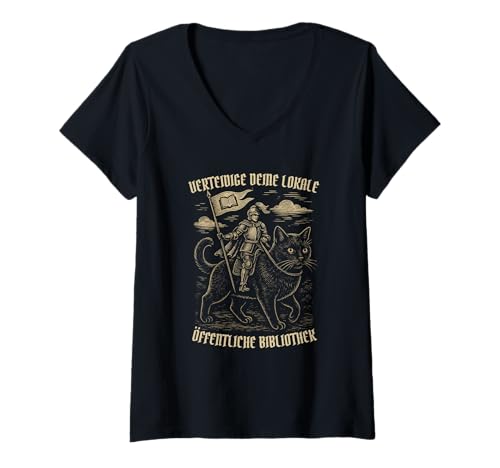 Damen Verteidige Deine Öffentliche Bibliothek Ritter Katze T-Shirt mit V-Ausschnitt von Ritter Katze Bücher Humor Fantasy Kleidung