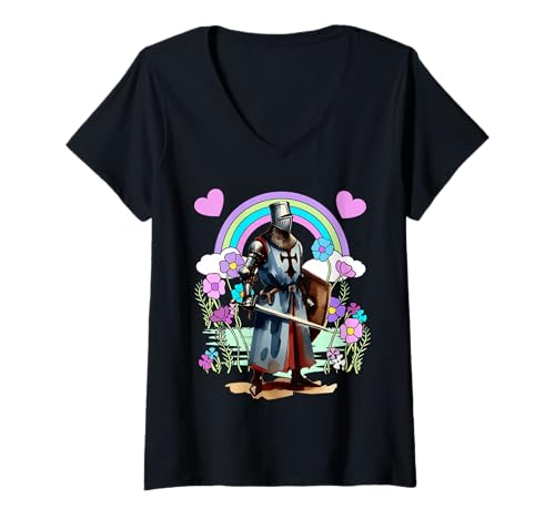 Damen Kinder Retro Regenbogen Ritter Mittelalter Märchen T-Shirt mit V-Ausschnitt Damen Kinder Retro Regenbogen Ritter Mittelalter Märchen T-Shirt mit V-Ausschnitt von Ritter Mittelalter Kind