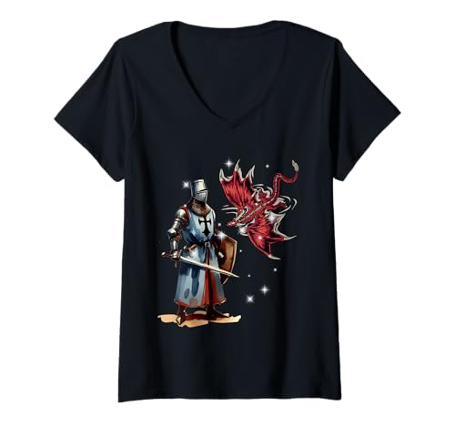 Damen Märchen Ritter Kinder Ritterrüstung Märchenfigur Drache T-Shirt mit V-Ausschnitt Damen Märchen Ritter Kinder Ritterrüstung Märchenfigur Drache T-Shirt mit V-Ausschnitt von Ritter Mittelalter Kind
