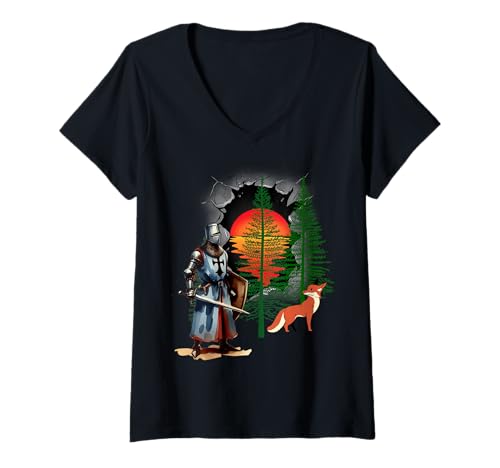 Damen Mittelalter Märchen Kinder Ritter Märchenfigur Fuchs T-Shirt mit V-Ausschnitt Damen Mittelalter Märchen Kinder Ritter Märchenfigur Fuchs T-Shirt mit V-Ausschnitt von Ritter Mittelalter Kind