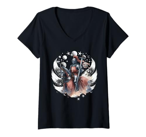 Damen Mondphase Mittelalter Ritter Märchen Ritterrüstung Kinder T-Shirt mit V-Ausschnitt von Ritter Mittelalter Kind