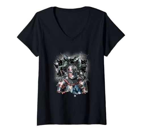 Damen Ritter Kinder Ritterrüstung Mittelalter Halloween Jungen T-Shirt mit V-Ausschnitt Damen Ritter Kinder Ritterrüstung Mittelalter Halloween Jungen T-Shirt mit V-Ausschnitt von Ritter Mittelalter Kind