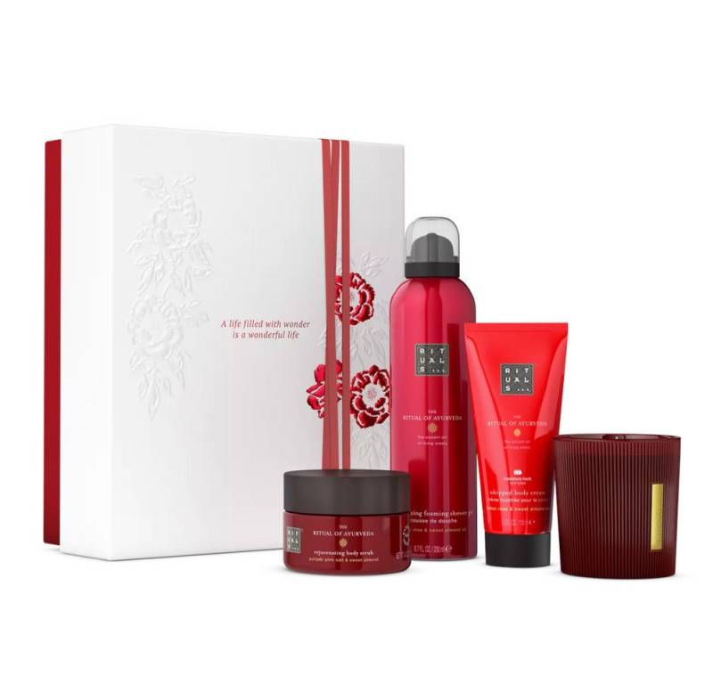 Rituals Pflege-Geschenkset Rituals Ayurveda Geschenkset M – 4-teilig mit Pflege & Kerze, 4-tlg., Ayurveda Set mit indischer Rose & Mandelöl – Balance für Körper von Rituals