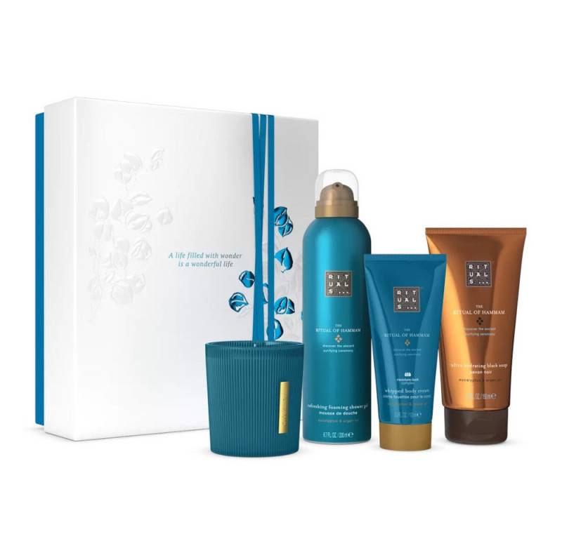 Rituals Pflege-Geschenkset Rituals Hammam Geschenkset M – 4-teilig mit Pflege & Kerze, 4-tlg., Hammam Set mit Eukalyptus & Arganöl – reinigend & erfrischend von Rituals