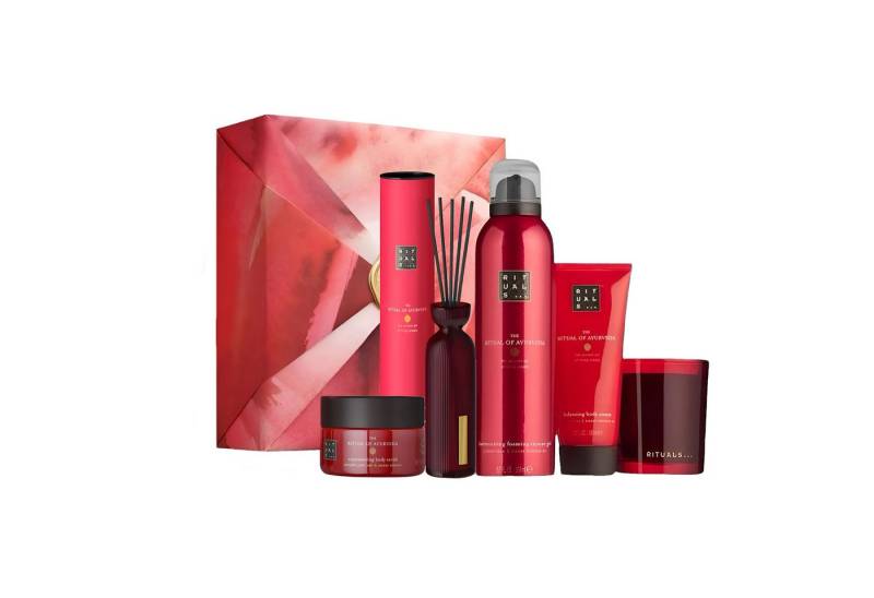 Rituals Pflege-Geschenkset The Ritual of Ayurveda XL Schaum Körperpeeling Duftkerze Duftstäbchen Geschenkset, 6-tlg., Enthält Duschschaum, Körpercreme, Peeling und Duftkerze. von Rituals