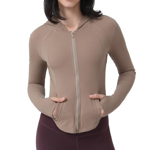 Riujater Damen Fleece Laufjacke Langarm Kurze Sportjacke Hoodie Atmungsaktive Sweatjacke Sportoberteil Leicht Trainingsjacke voll zip Enge Gym Yoga Running Jacken mit Daumenloch von Riujater