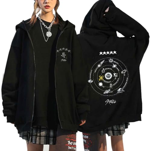 Riujater Herren Damen Zip Up Kapuzenjacke Unisex Y2k Langarm Kapuzen Sweatshirts Kpop Stray Kids Oversize Hoodies Jacke 90er E-Girls Streetwear Outwear Freizeit Top von Riujater