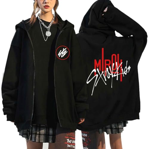 Riujater Herren Damen Zip Up Kapuzenjacke Unisex Y2k Langarm Kapuzen Sweatshirts Kpop Stray Kids Oversize Hoodies Jacke 90er E-Girls Streetwear Outwear Freizeit Top von Riujater