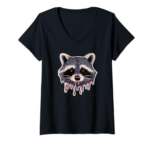 Damen Dripping Paint Art Waschbär Müllpanda Waschbären T-Shirt mit V-Ausschnitt von RivArtdale Designs