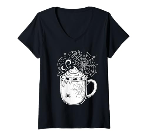 Damen Halloween Spinnennetz Heiße Schokolade T-Shirt mit V-Ausschnitt Damen Halloween Spinnennetz Heiße Schokolade T-Shirt mit V-Ausschnitt von RivArtdale Designs
