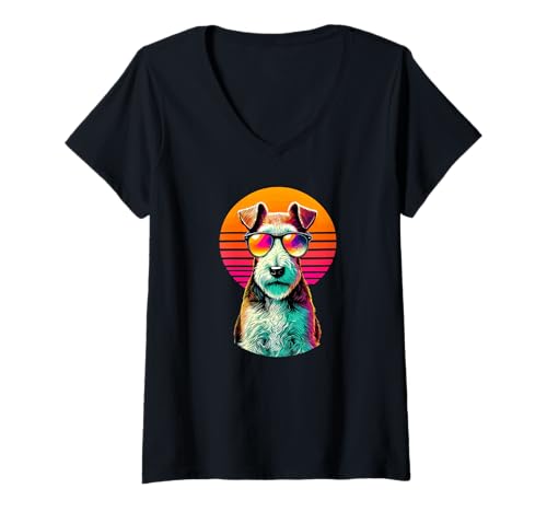 Damen Retro Sunset Sunglasses Wire Fox Terrier Wire Hair Fox T-Shirt mit V-Ausschnitt von RivArtdale Designs