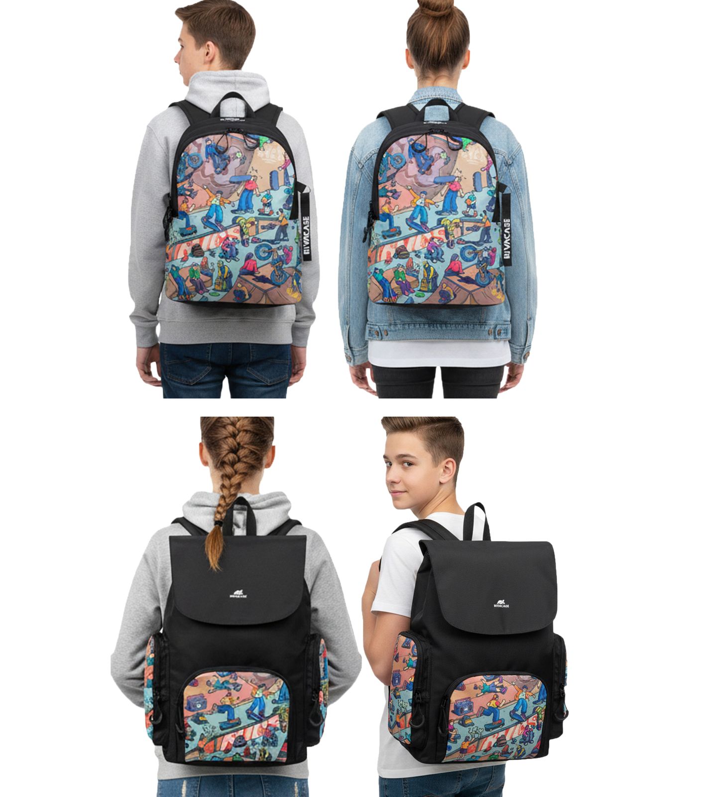 Rivacase Agora Urban Skaters Rucksack Alltags-Rucksack Schul-Rucksack 12L 5420 BK oder 5425 BK in Schwarz/Bunt von Rivacase
