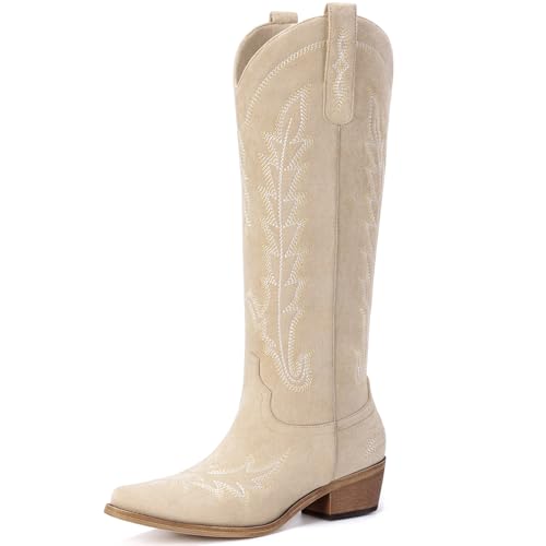 Rivalran Cowboystiefel für Damen, kniehoch, spitzer Zehenbereich, klobiger Absatz, Reißverschluss, Western-Cowgirl-Stiefel, Retro-Stiefel, Landhausstil, Vintage, Mode, hohe Stiefel, beige, 43 EU Rivalran Cowboystiefel für Damen, kniehoch, spitzer Zehenbereich, klobiger Absatz, Reißverschluss, Western-Cowgirl-Stiefel, Retro-Stiefel, Landhausstil, Vintage, Mode, hohe Stiefel, beige, 43 EU von Rivalran