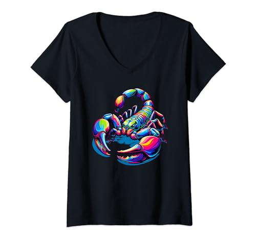 Damen Bunte Pop-art-Skorpion Skorpione T-Shirt mit V-Ausschnitt Damen Bunte Pop-art-Skorpion Skorpione T-Shirt mit V-Ausschnitt von Rivartdale Designs