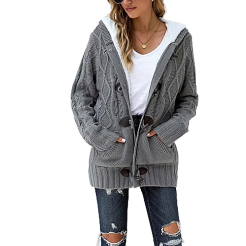 Rivccku Damen Strickjacke mit Knopfleiste vorne,Grobstrick Cardigan Lang Winter Strickmantel mit Kapuze Dicke Strickcardigan von Rivccku
