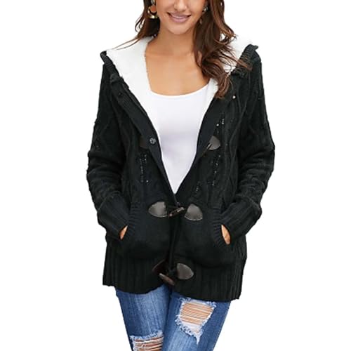 Rivccku Damen Strickjacke mit Knopfleiste vorne,Grobstrick Cardigan Lang Winter Strickmantel mit Kapuze Dicke Strickcardigan von Rivccku