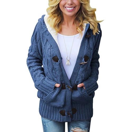 Rivccku Damen Strickjacke mit Knopfleiste vorne,Grobstrick Cardigan Lang Winter Strickmantel mit Kapuze Dicke Strickcardigan von Rivccku