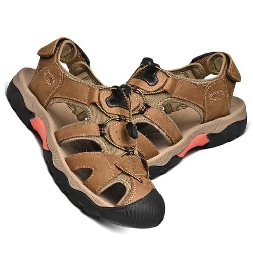 Rivccku Trekkingsandalen Herren Leder Wandern Sandalen geschlossen Zehen Sandalen Sport und Outdoor Trekking Sandalen Verstellbar Sommer Atmungsaktive Strandsandalen von Rivccku