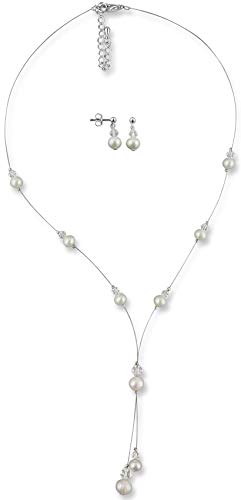 Rivelle Damen Brautschmuck Set Perlenkette Ohrringe Schmuckset echte Süßwasserperlen creme Swarovski kristall Kette Collier Hochzeit Geschenkbox von Rivelle