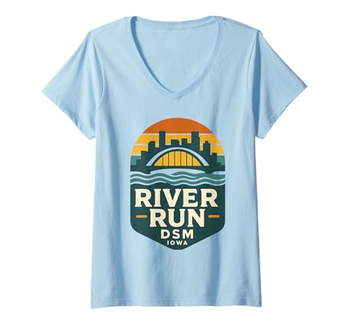 Damen River DSM Hemd, Vintage-Stil, des Moines Bridge, Sonnenuntergang T-Shirt mit V-Ausschnitt Damen River DSM Hemd, Vintage-Stil, des Moines Bridge, Sonnenuntergang T-Shirt mit V-Ausschnitt von River DSM Tee Shirts for Iowa Runners