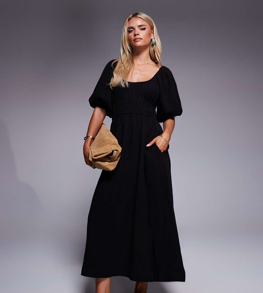 River Island Petite - Midikleid in schwarzer Leinenoptik mit Puffärmeln River Island Petite - Midikleid in schwarzer Leinenoptik mit Puffärmeln von River Island Petite