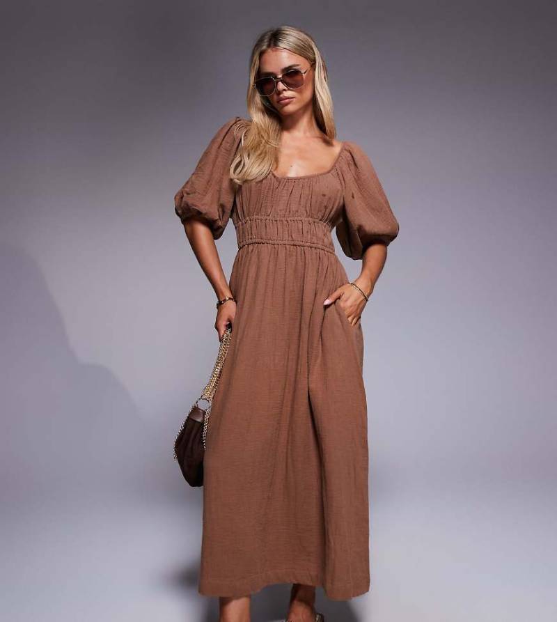 River Island Petite - Midikleid in steinbeiger Leinenoptik mit Puffärmeln-Neutral von River Island Petite