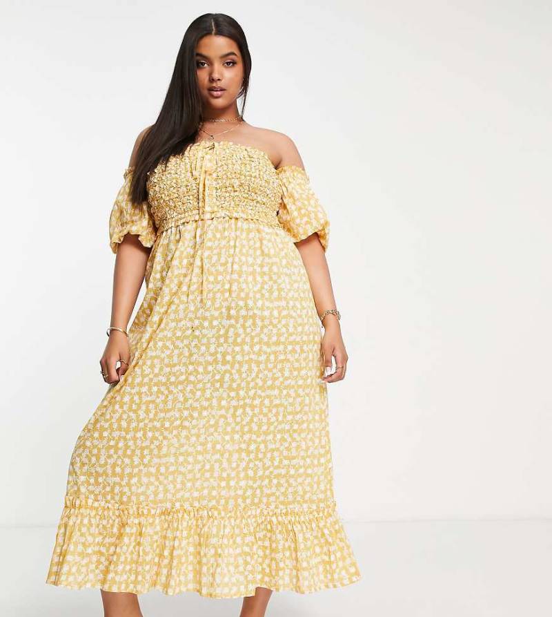 River Island Plus - Gesmoktes Maxi-Strandkleid in Gelb mit Carmen-Ausschnitt-Orange von River Island Plus