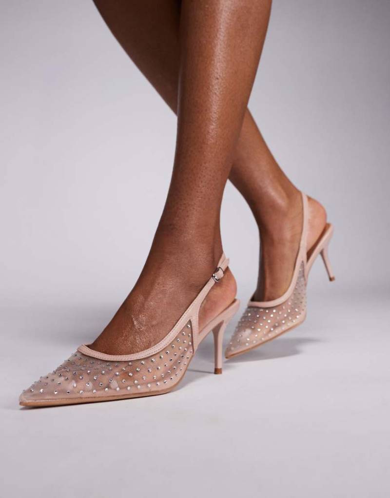 River Island - Absatz-Pumps in Hellbeige aus Netzstoff mit Fersenriemen und Strassbesatz-Neutral von River Island
