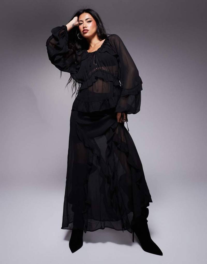 River Island - Chiffon-Maxirock in Schwarz mit Rüschen von River Island