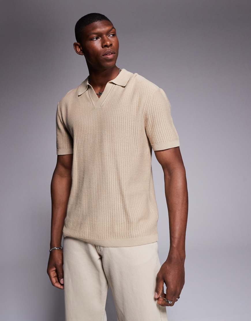River Island - Feinstrick-Polohemd in Steinbeige mit offenem Kragen-Neutral von River Island