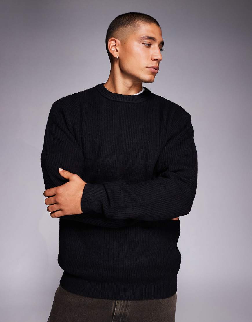 River Island - Gerippter Pullover in Schwarz mit Rundhalsausschnitt von River Island