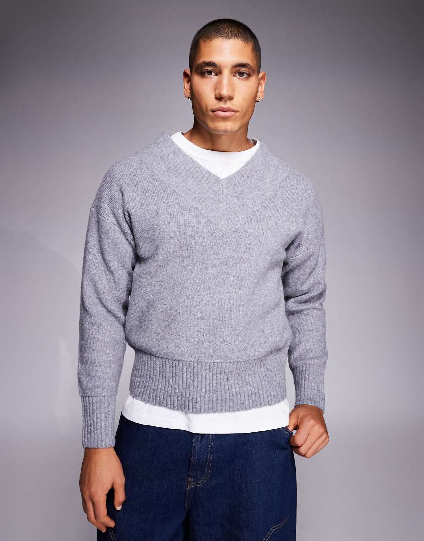 River Island - Gerippter Pullover in meliertem Grau mit Rundhalsausschnitt von River Island