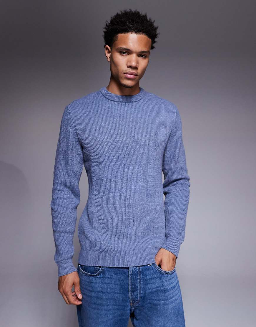 River Island - Gerippter Strickpullover in Mittelblau mit Rundhalsausschnitt von River Island