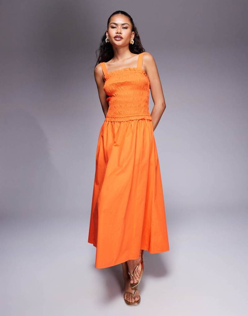 River Island - Gesmoktes Midikleid in Orange von River Island