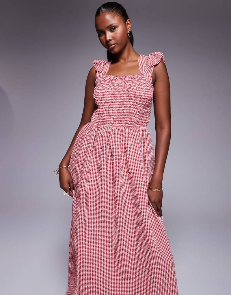 River Island - Gesmoktes Midikleid in Rot mit Kappärmeln und Vichykaro von River Island