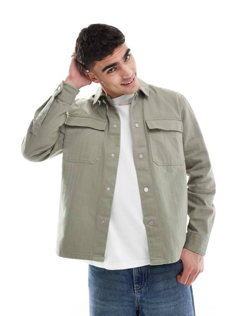 River Island - Hemdjacke in Khaki mit Fischgrätmuster-Grün von River Island