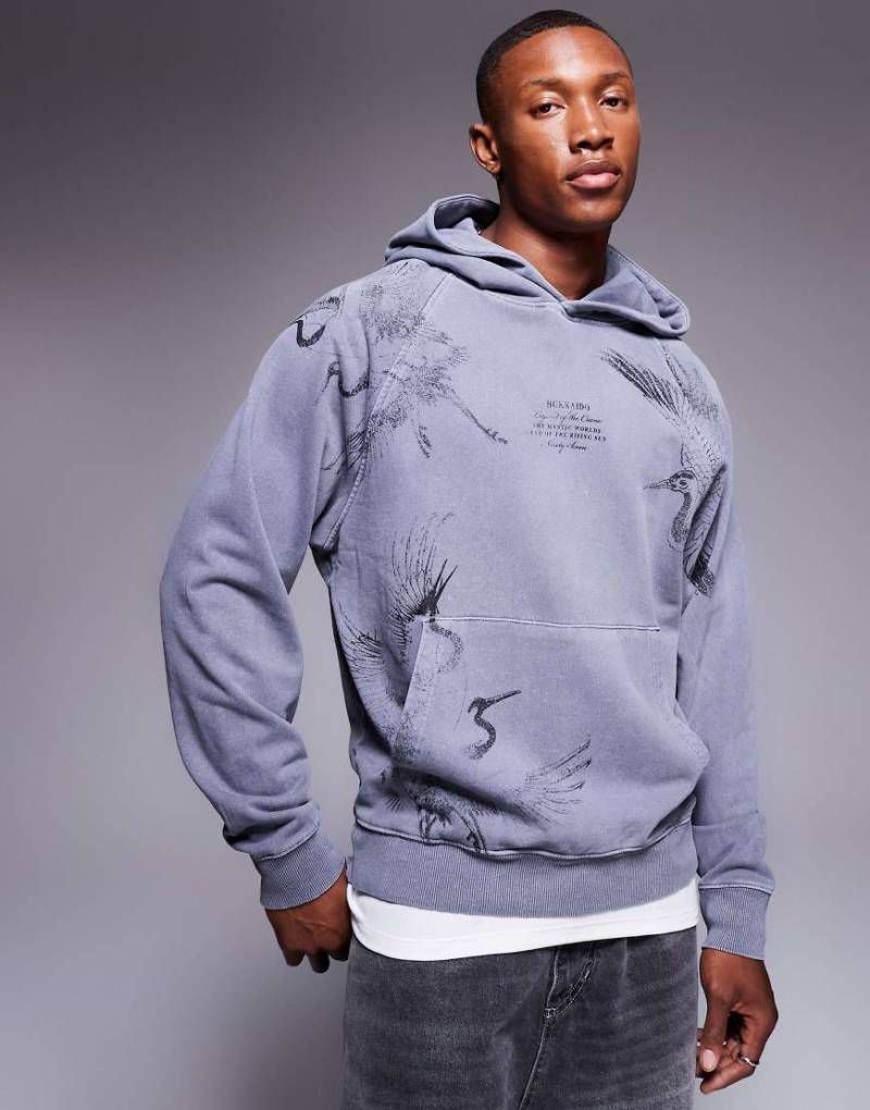 River Island - Kapuzenpullover in Dunkelgrau mit japanischem Kranich-Rückenprint von River Island