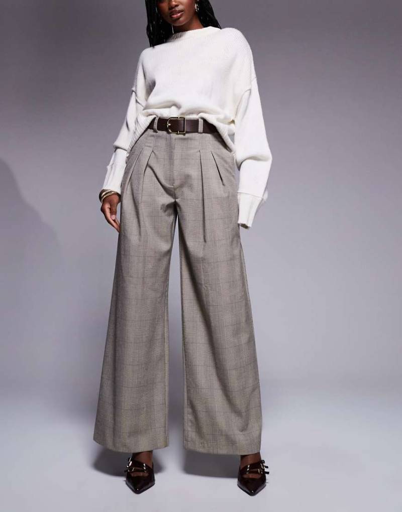 River Island - Karierte Hose in Hellbraun mit weitem Bein von River Island