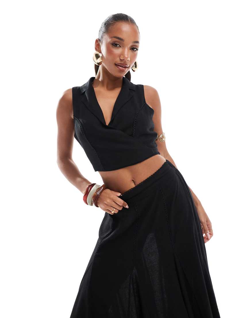 River Island - Leinenweste in Schwarz mit gebundener Vorderseite, Kombiteil von River Island