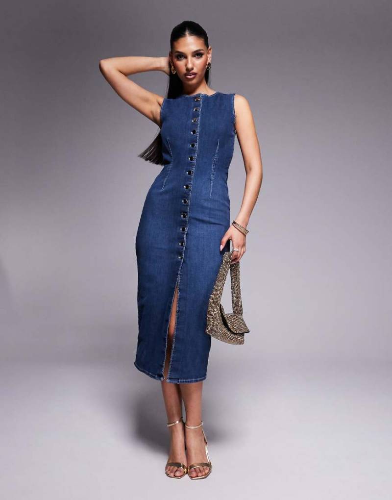 River Island - Midi-Jeanskleid in dunkelblauer Waschung von River Island