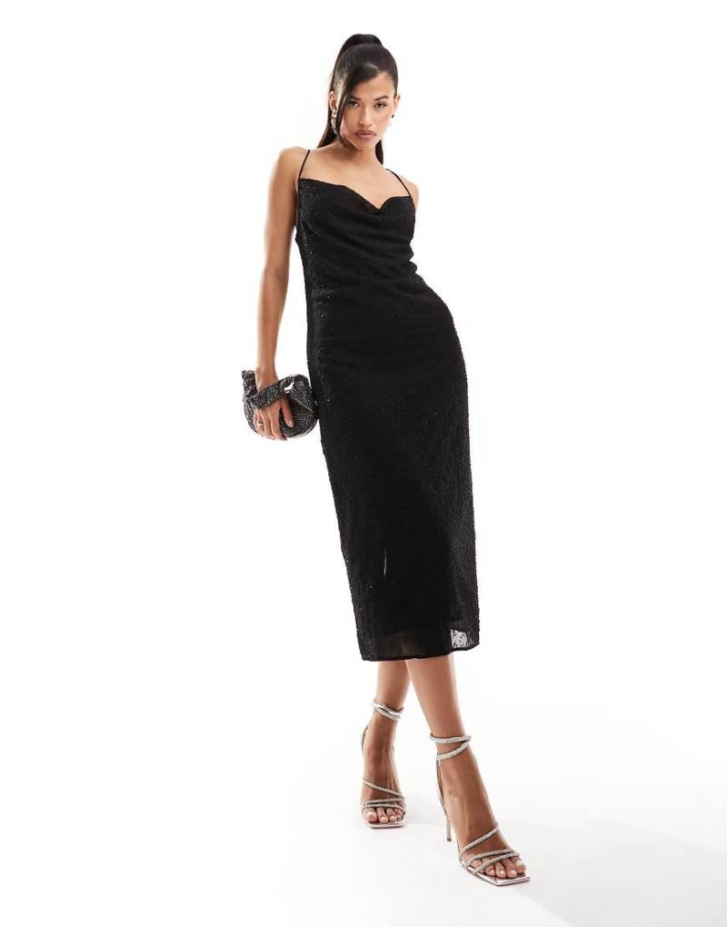 River Island - Midi-Trägerkleid in Schwarz mit Perlen von River Island