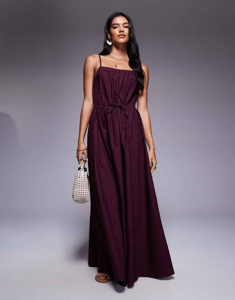 River Island - Midikleid aus Popeline in Weinrot mit Riemchenträgern von River Island