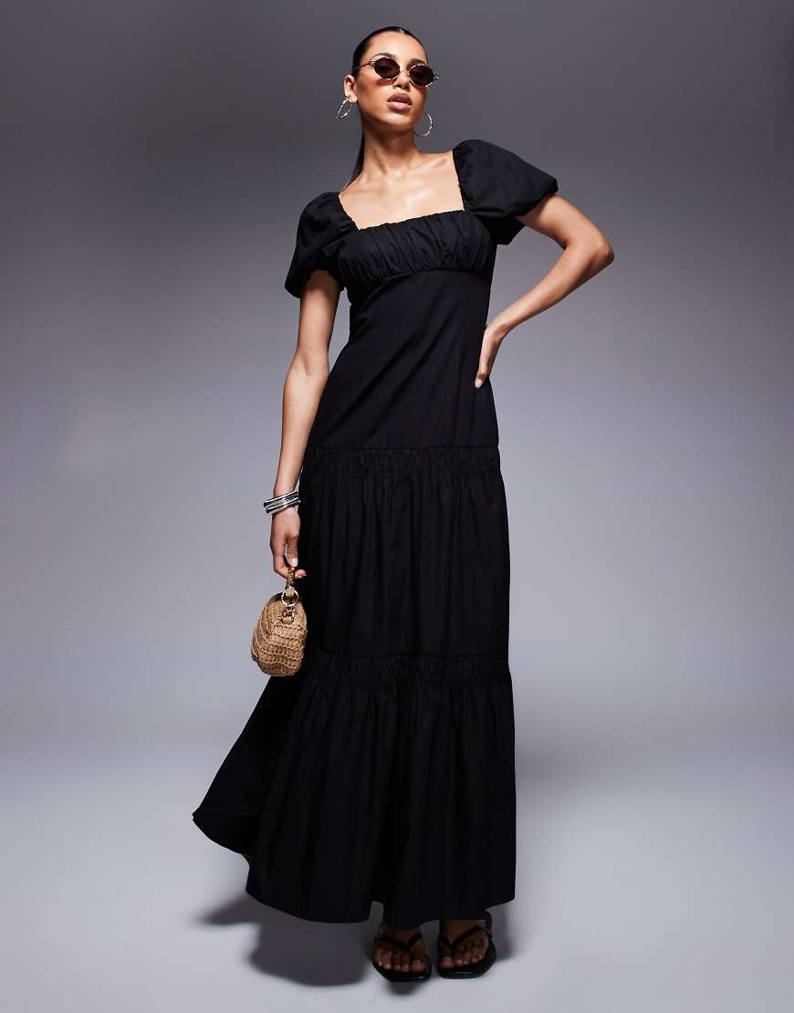 River Island - Midikleid in Schwarz mit Puffärmeln und Milchmädchen-Ausschnitt von River Island