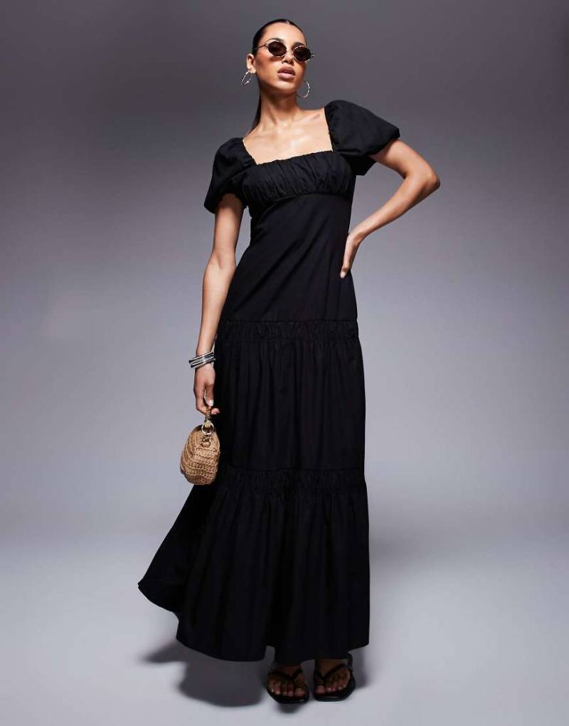 River Island - Midikleid in Schwarz mit Puffärmeln und Milchmädchen-Ausschnitt von River Island