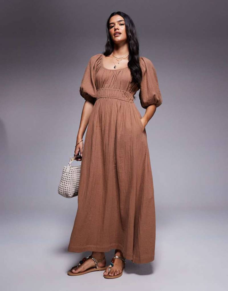 River Island - Midikleid in steinbeiger Leinenoptik mit Puffärmeln-Neutral von River Island