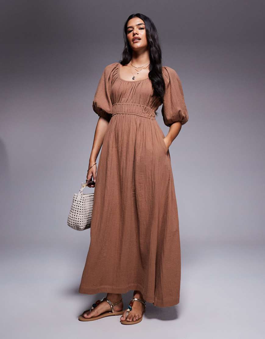 River Island - Midikleid in steinbeiger Leinenoptik mit Puffärmeln-Neutral von River Island