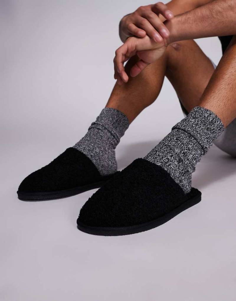 River Island - Mules-Hausschuhe aus Teddyfell in Schwarz von River Island